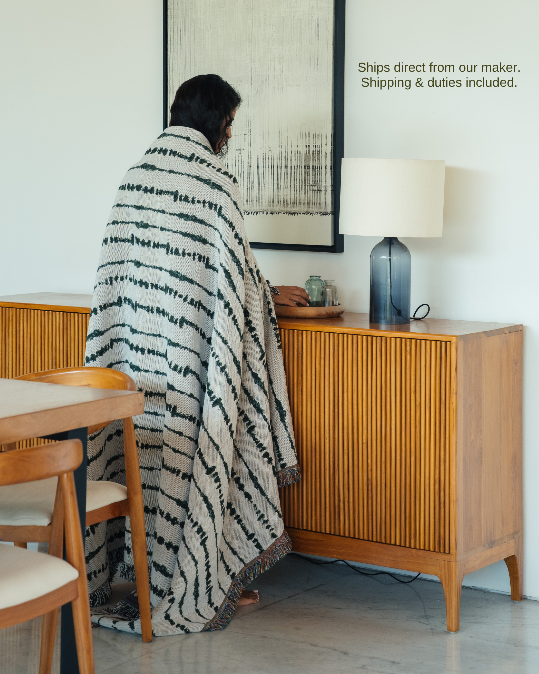 Vine Moss blanket wrapped around model – ships direct from our maker, shipping & duties included