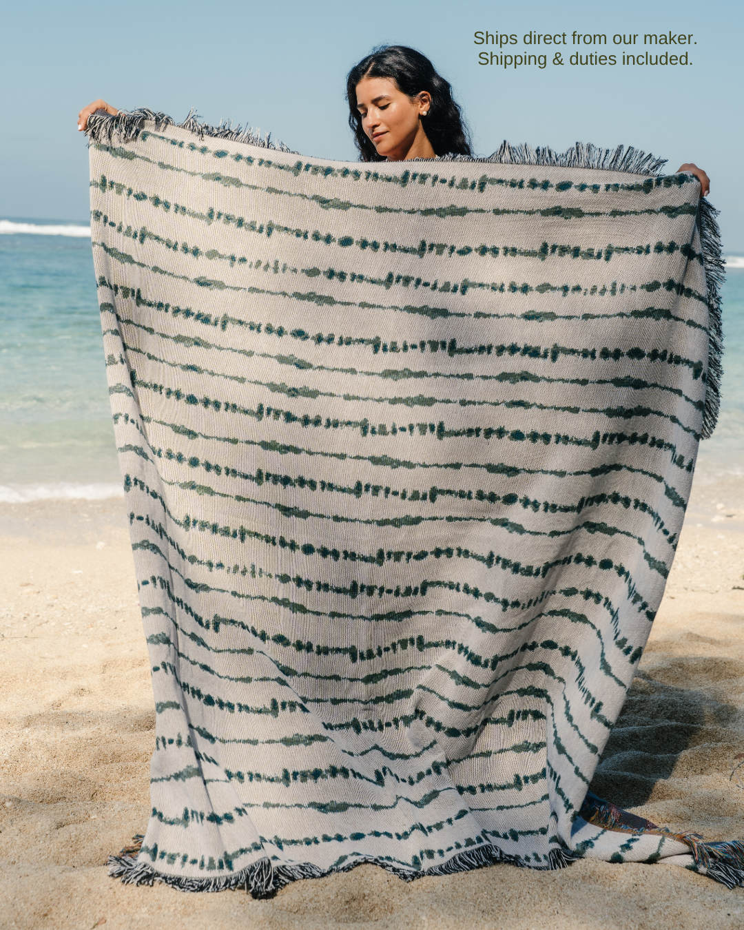 Vine Teal blanket on the beach – ships direct from our maker, shipping & duties included