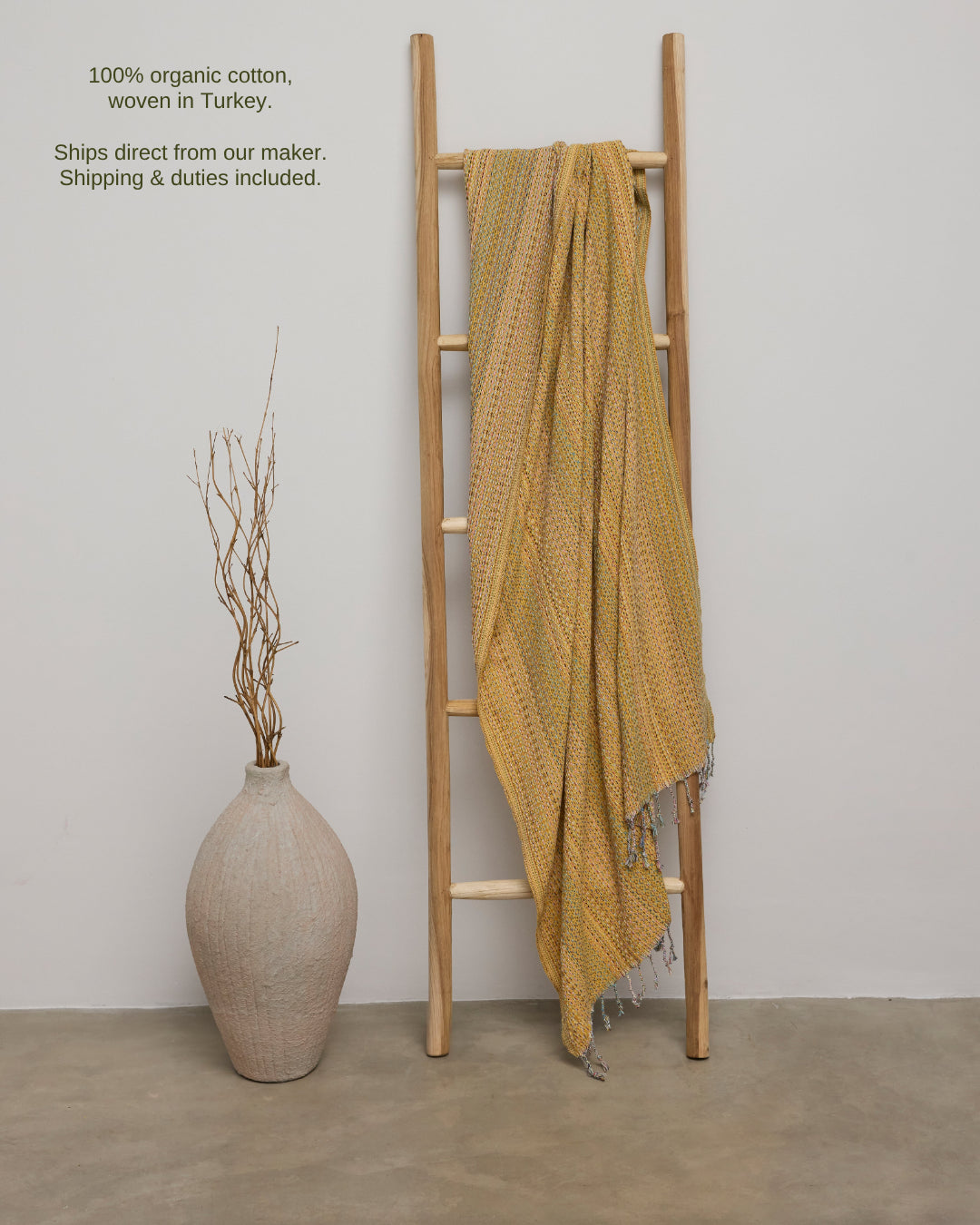 Turkish towel in Sunbaked Ochre – 100% organic cotton, woven in Turkey; ships direct from our maker, shipping & duties included