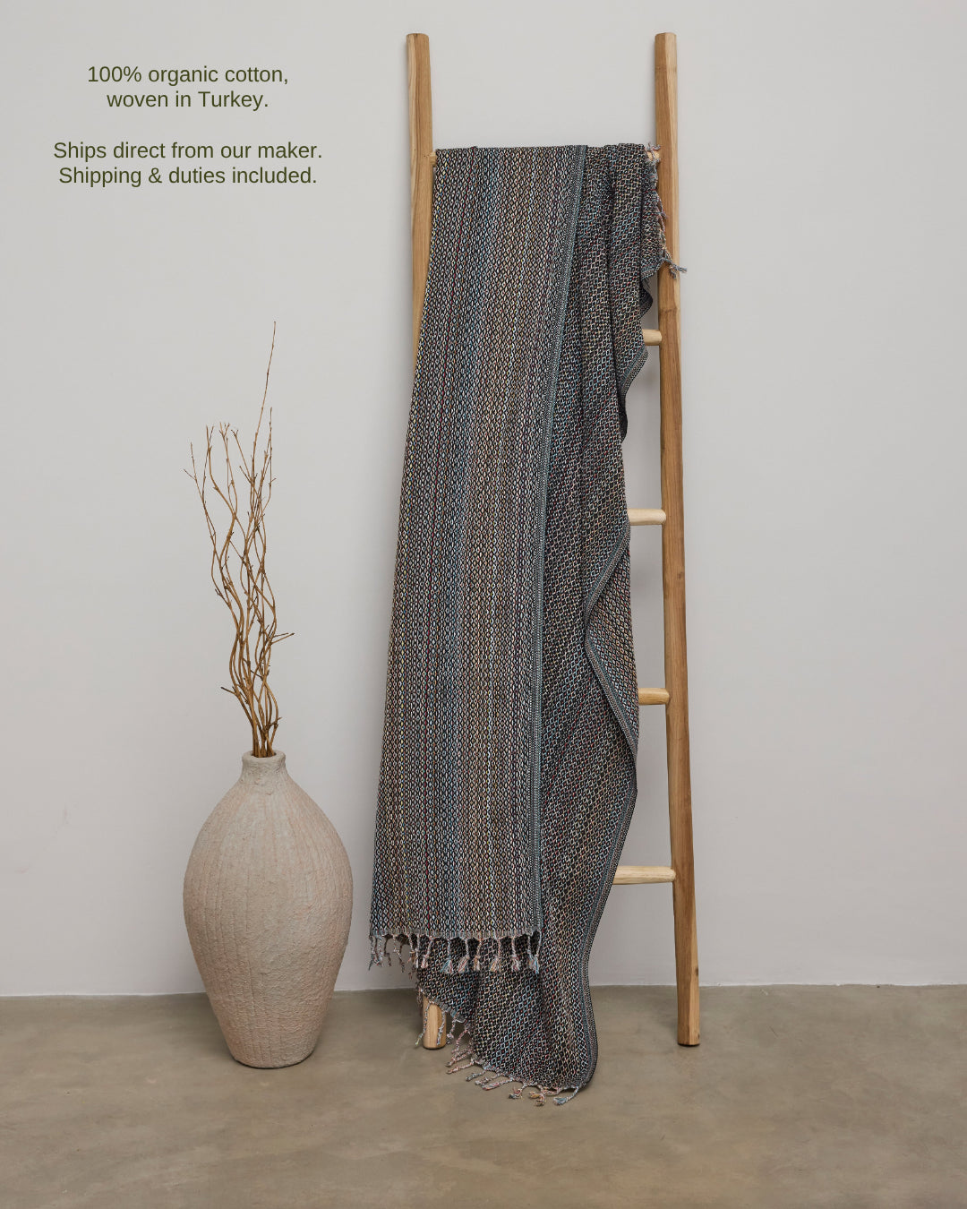 Turkish towel in Midnight Mosaic – 100% organic cotton, woven in Turkey; ships direct from our maker, shipping & duties included