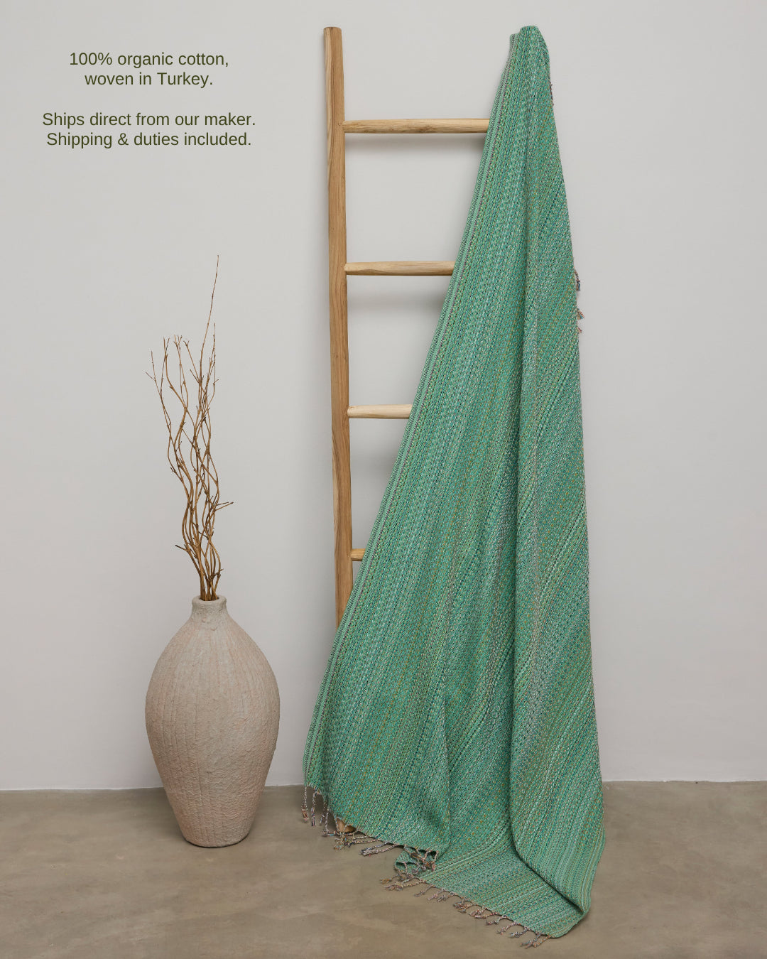 Turkish towel in Coastal Sage – 100% organic cotton, woven in Turkey; ships direct from our maker, shipping & duties included