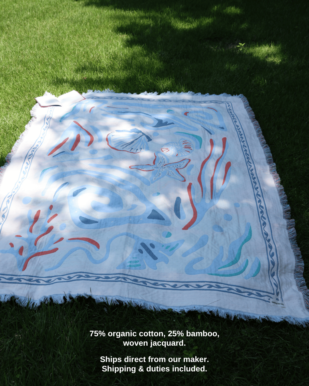 Aeraloom throw in Tide Play on the grass – 75% organic cotton, 25% bamboo, woven jacquard; ships direct from our maker, shipping & duties included