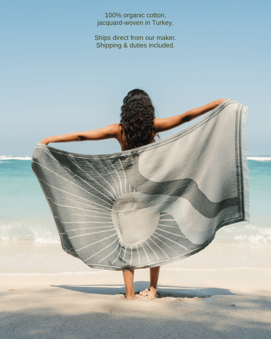 Jacquard Turkish towel in Coastal Sage – 100% organic cotton, jacquard-woven in Turkey; ships direct from our maker, shipping & duties included