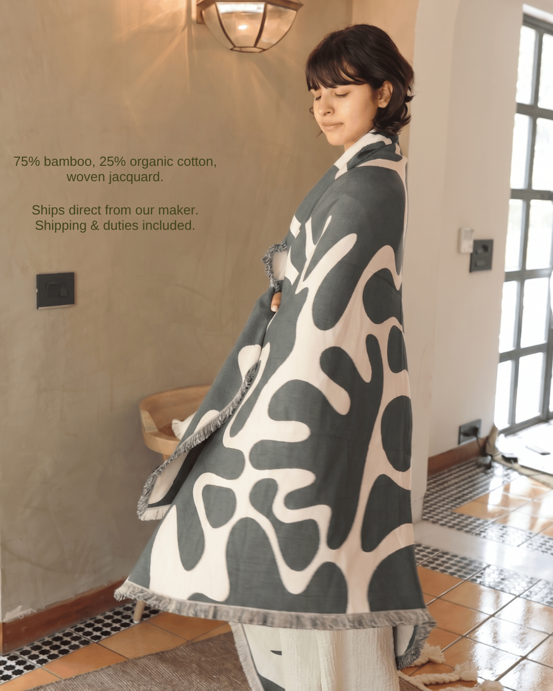 Whisperwind throw in Wildform Onyx – 75% bamboo, 25% organic cotton, woven jacquard; ships direct from our maker, shipping & duties included