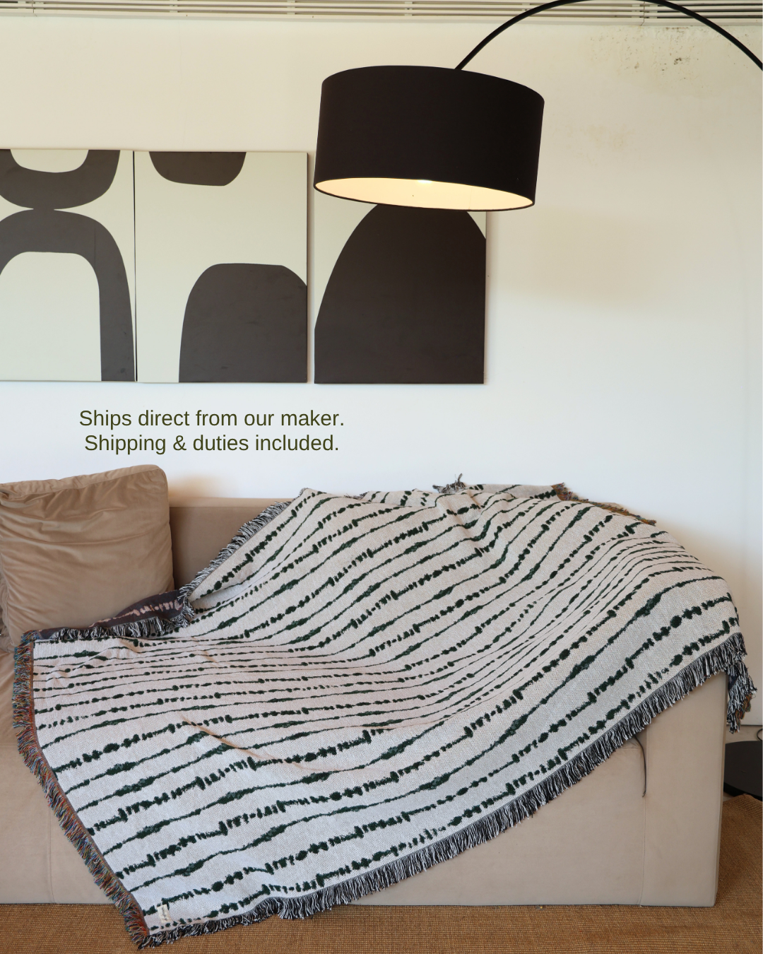Vine Indigo blanket on sofa – ships direct from our maker, shipping & duties included