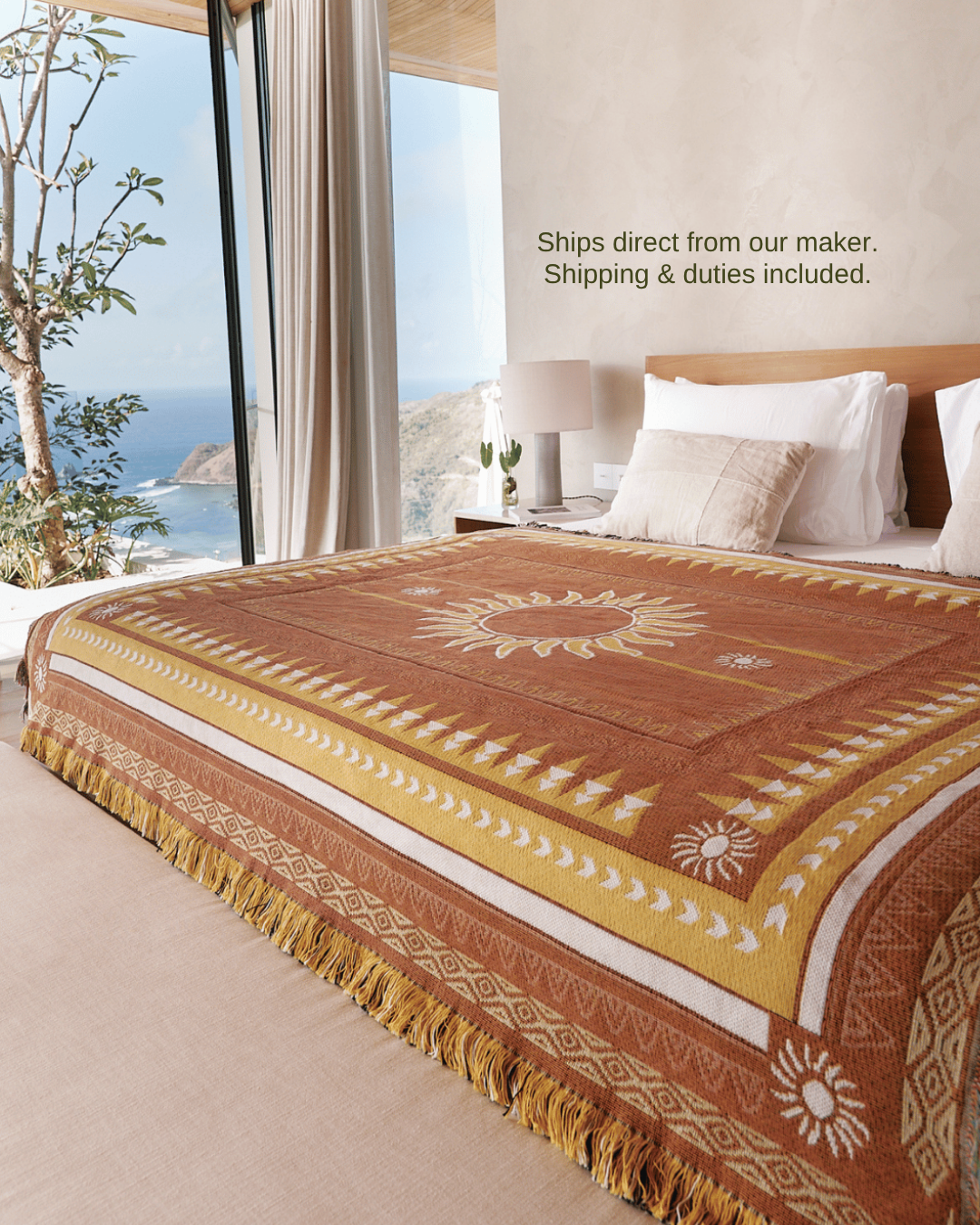 Sunset Brown blanket on bed – ships direct, duties included