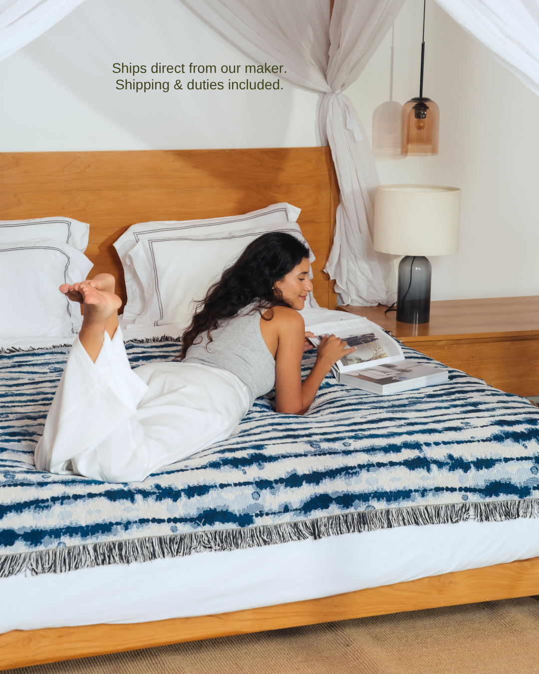 Drift Indigo blanket on bed – ships direct from our maker, shipping & duties included
