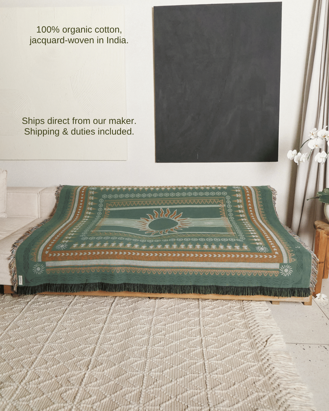 Sunset Forest blanket on daybed – 100% organic cotton, ships direct, duties included