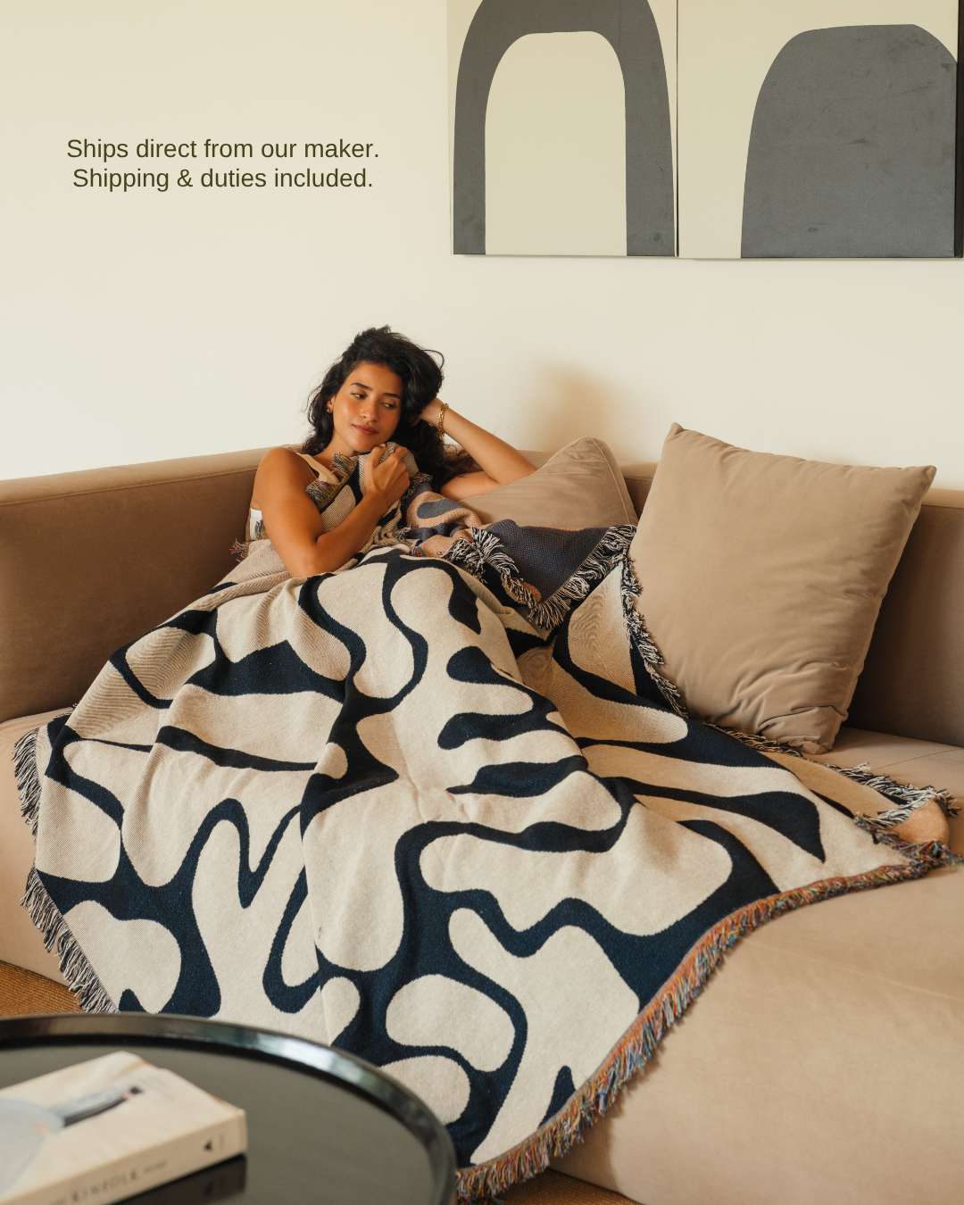Wildform Onyx blanket on sofa – ships direct from our maker, shipping & duties included
