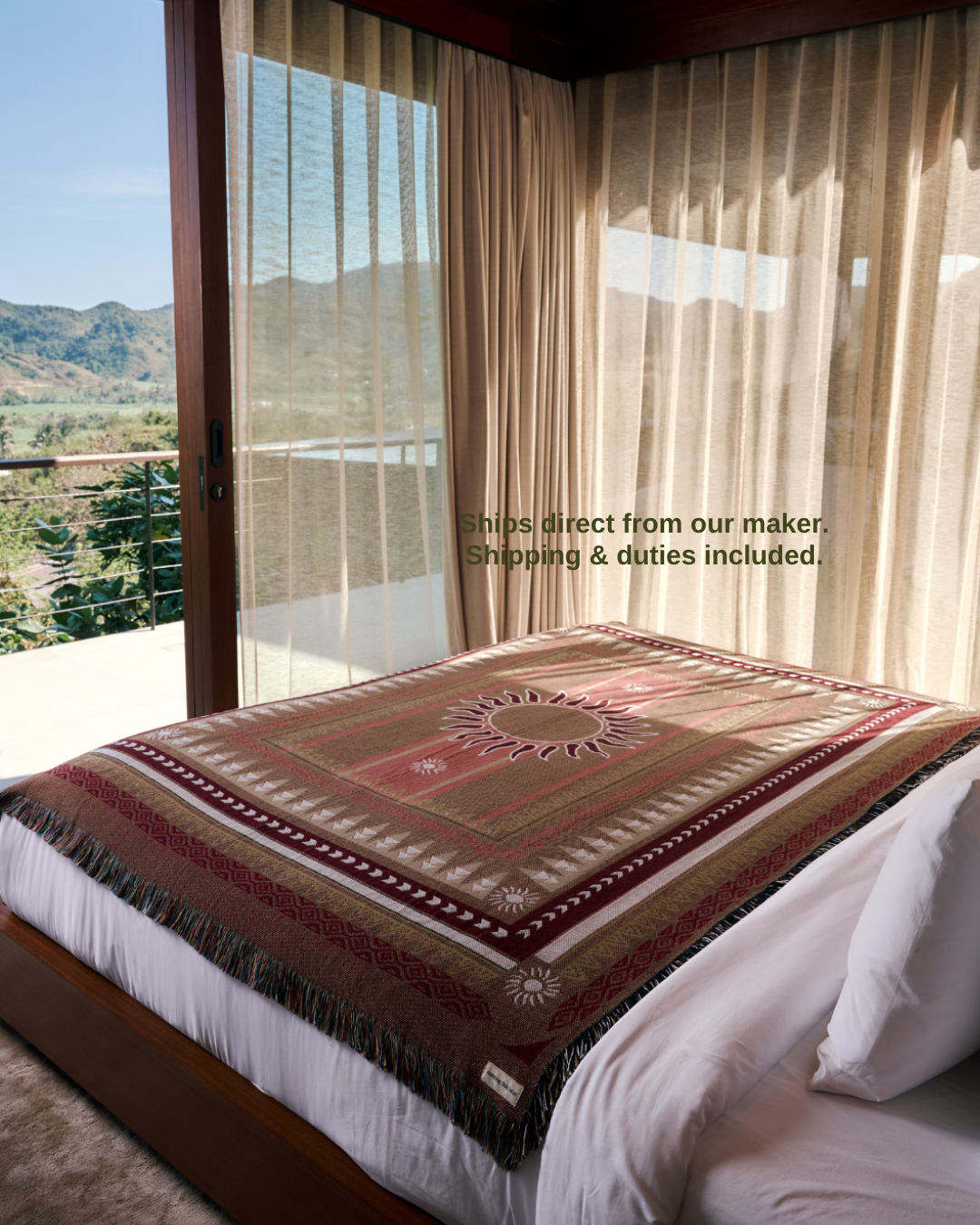 Sunset Mocha blanket on bed – ships direct, duties included