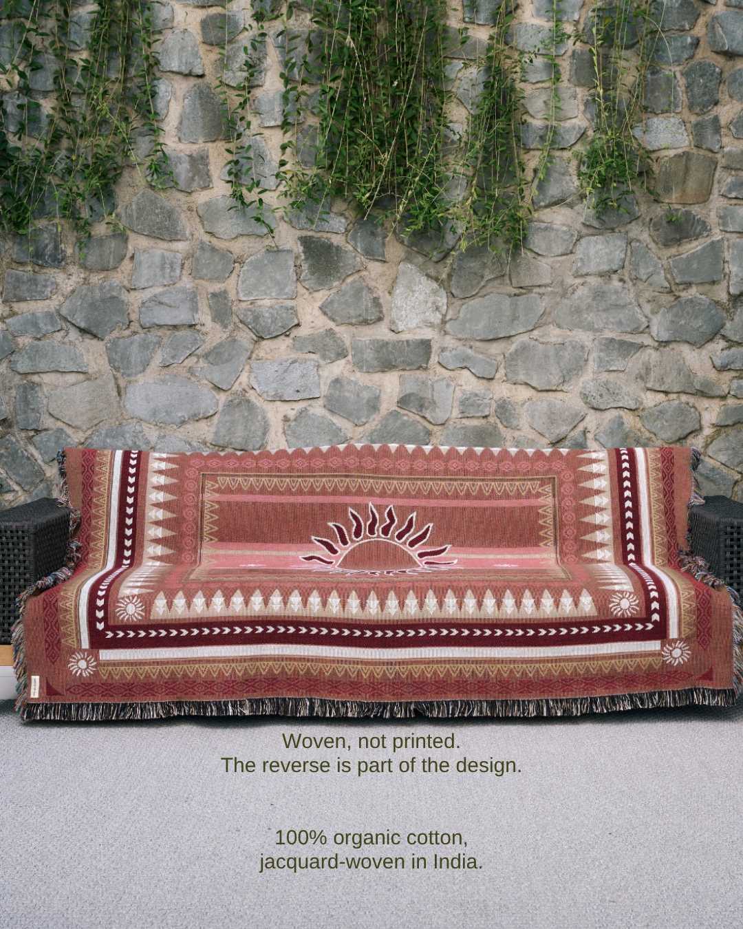 Sunset Mocha blanket on outdoor sofa – woven, not printed, 100% organic cotton