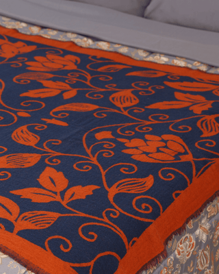 Flora Weave Reversible Merino Wool Throw - Indigo Bloom
