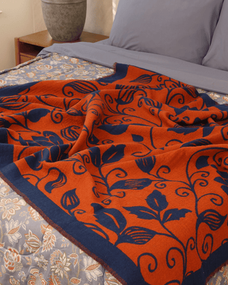 Flora Weave Reversible Merino Wool Throw - Indigo Bloom