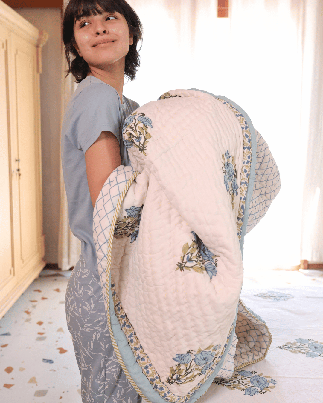Blue Botanical Jaipur Quilt+Sham Cover Set