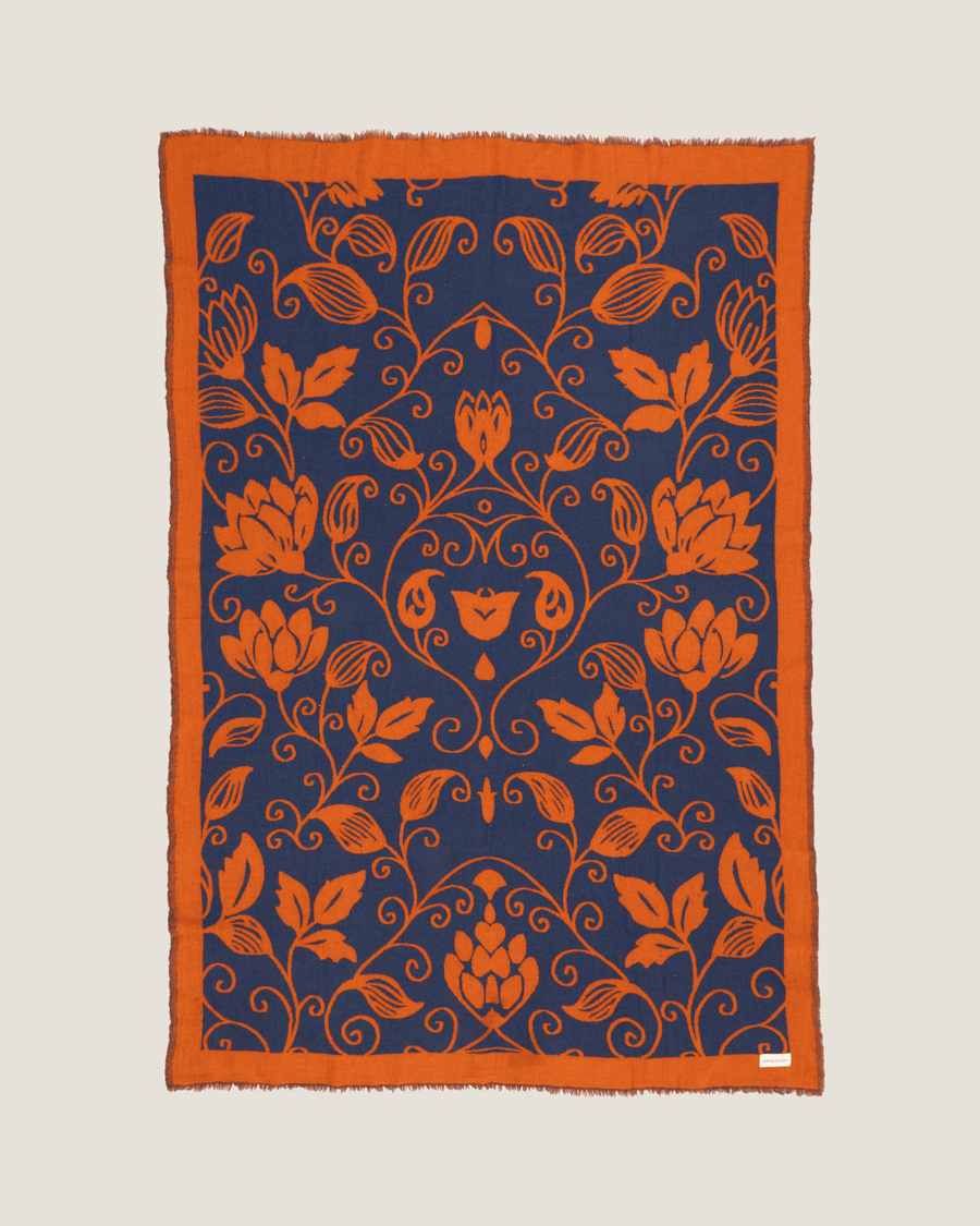 Flora Weave Reversible Merino Wool Throw - Indigo Bloom