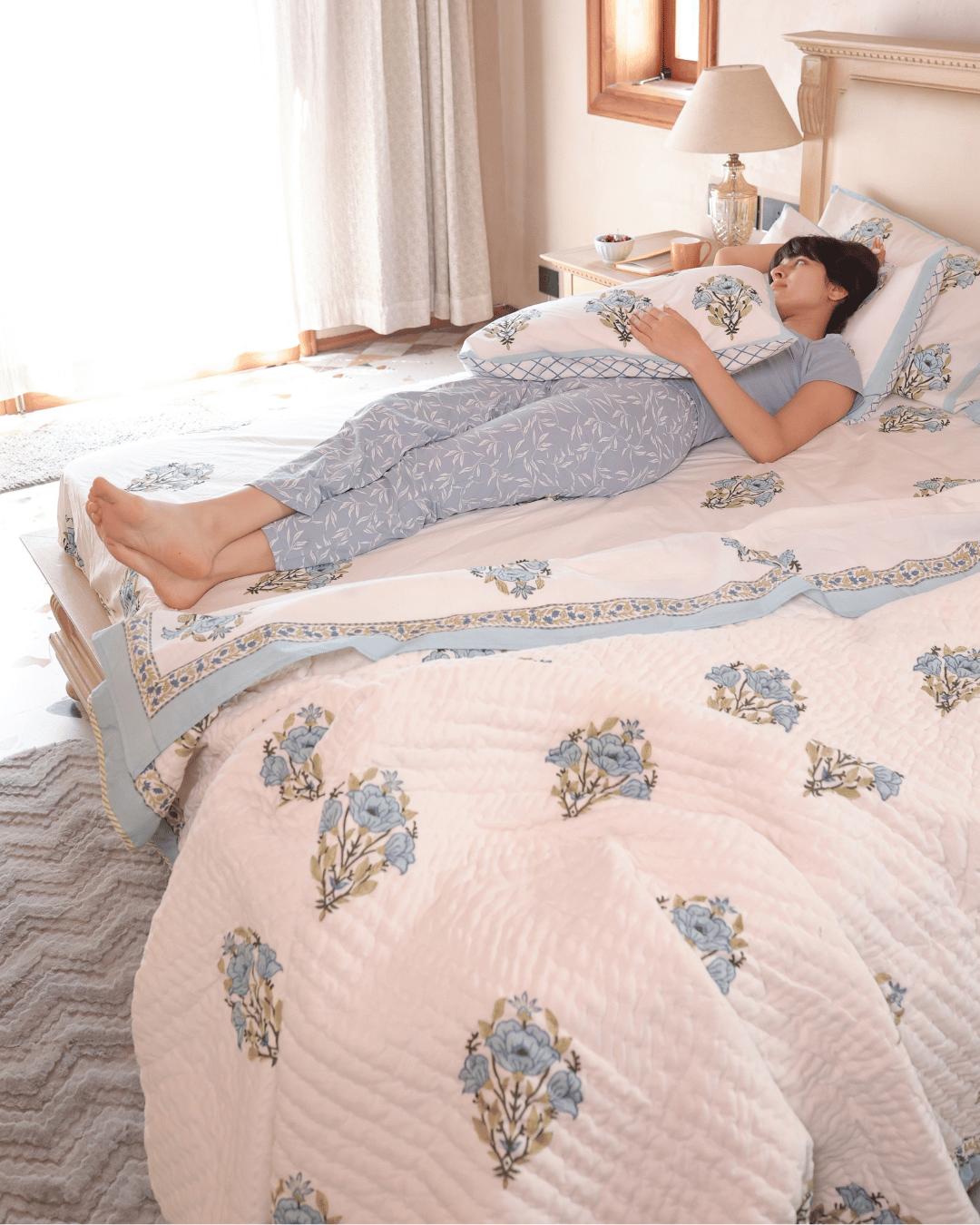 Blue Botanical Jaipur Quilt+Sham Cover Set