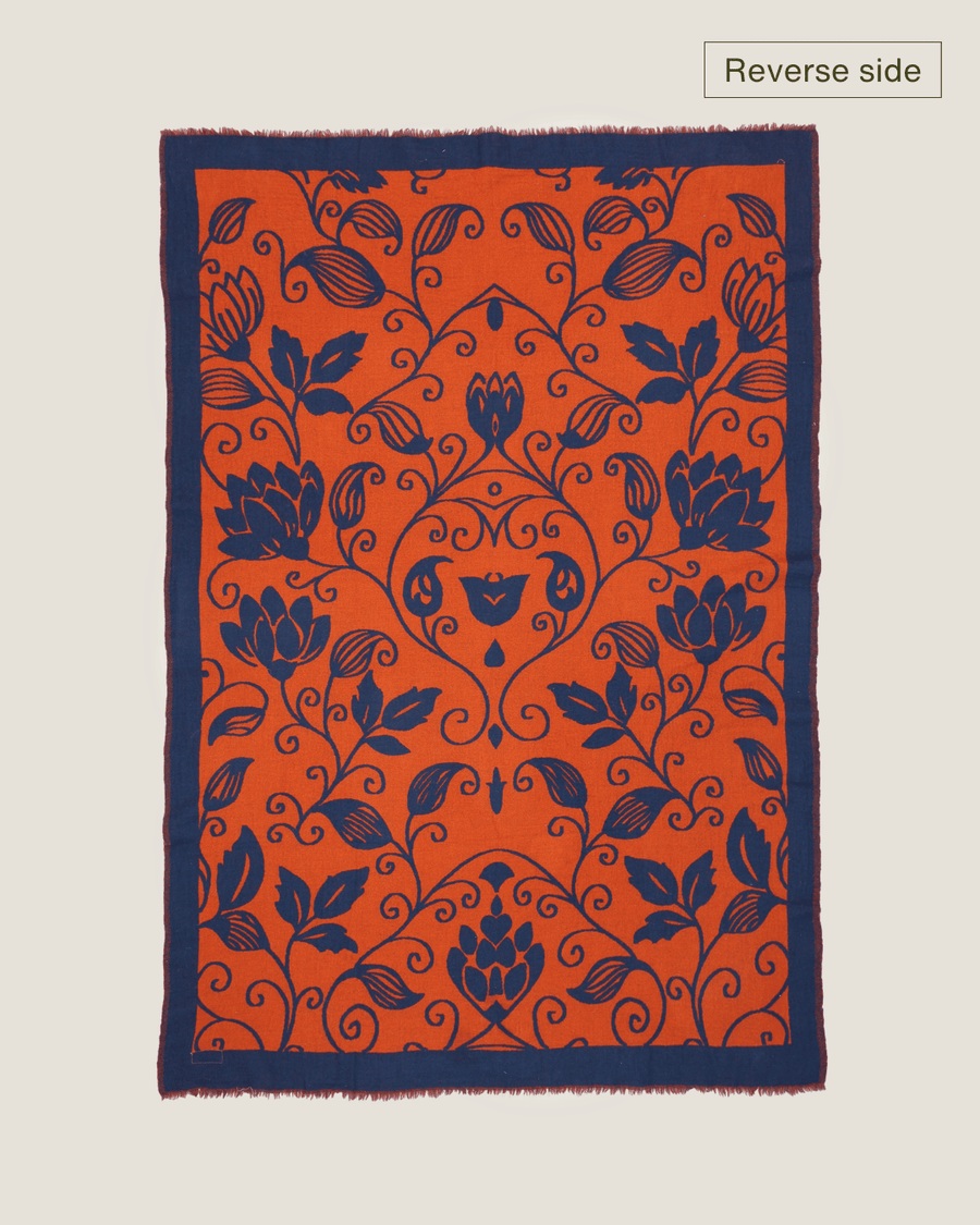 Flora Weave Reversible Merino Wool Throw - Indigo Bloom