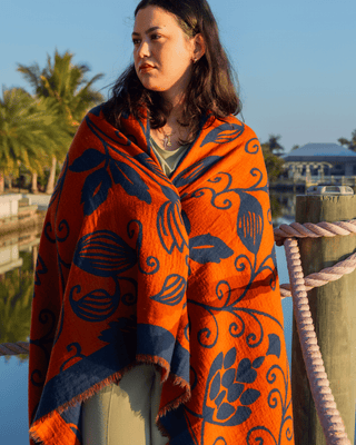 Flora Weave Reversible Merino Wool Throw - Indigo Bloom