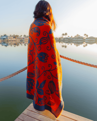 Flora Weave Reversible Merino Wool Throw - Indigo Bloom
