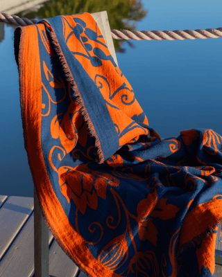 Flora Weave Reversible Merino Wool Throw - Indigo Bloom