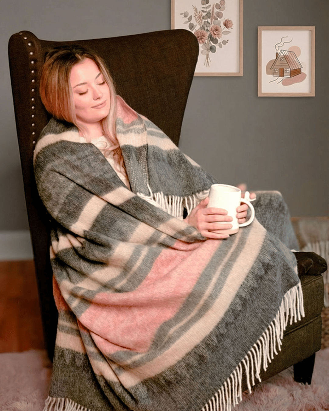 Alpaca Wool Throw Blush Charcoal