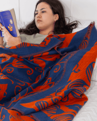 Flora Weave Reversible Merino Wool Throw - Indigo Bloom