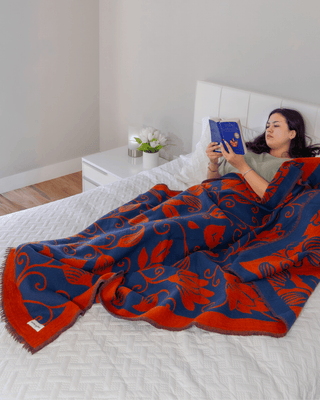 Flora Weave Reversible Merino Wool Throw - Indigo Bloom