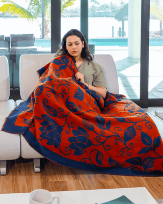 Flora Weave Reversible Merino Wool Throw - Indigo Bloom