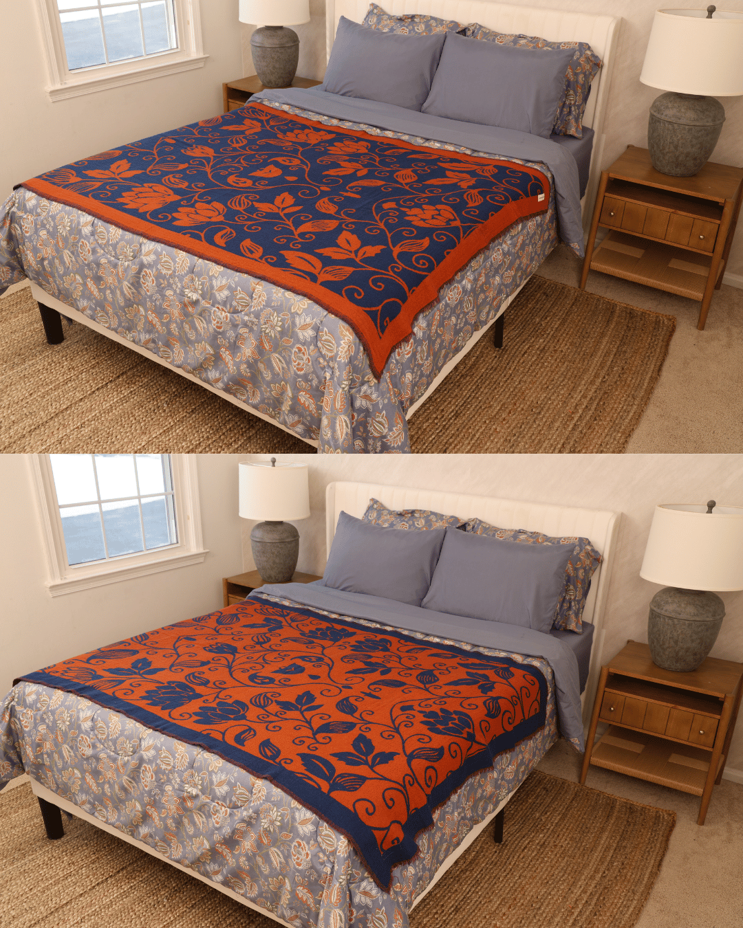 Flora Weave Reversible Merino Wool Throw - Indigo Bloom