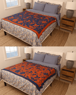Flora Weave Reversible Merino Wool Throw - Indigo Bloom