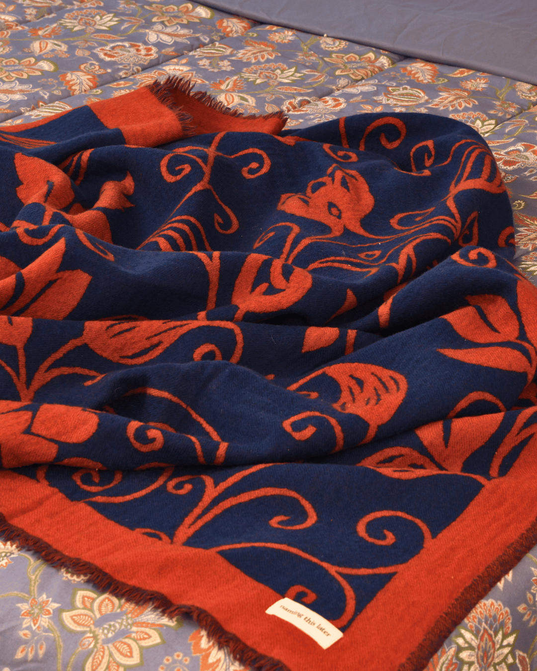 Flora Weave Reversible Merino Wool Throw - Indigo Bloom