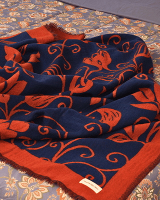 Flora Weave Reversible Merino Wool Throw - Indigo Bloom